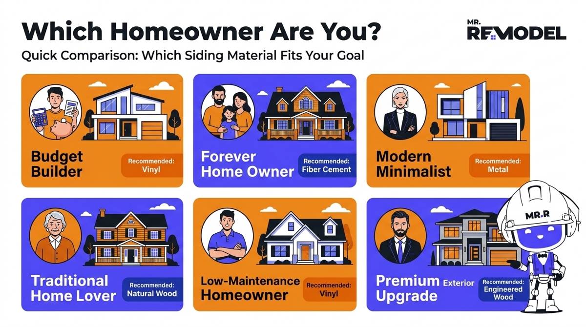 Goal-based siding selection chart matching homeowner priorities with the most relevant siding materials.